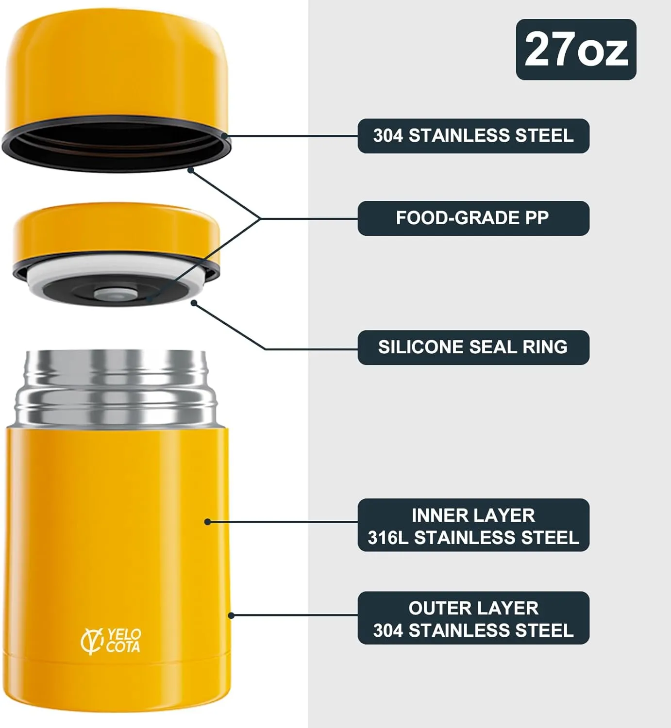 Food Jar for Hot Food,27Oz Vacuum Insulated Stainless Steel Lunch Food Containers, Wide Mouth Soup Flask for Hot Food, Leak Proof Fod Jar for School Office Travel