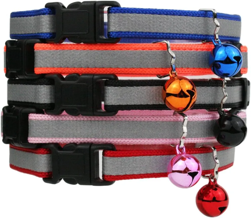 GoTags Reflective Cat Collar with Personalized ID Tag in Stainless Steel, Breakaway Cat Collar with Bell and Custom Engraved Cat Tag with up to 4 Lines of Custom Text, (Red)