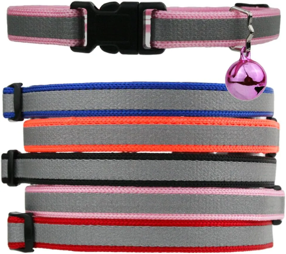 GoTags Reflective Cat Collar with Personalized ID Tag in Stainless Steel, Breakaway Cat Collar with Bell and Custom Engraved Cat Tag with up to 4 Lines of Custom Text, (Red)