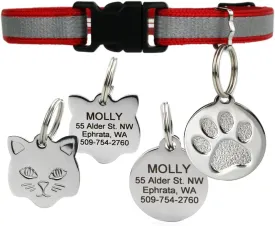 GoTags Reflective Cat Collar with Personalized ID Tag in Stainless Steel, Breakaway Cat Collar with Bell and Custom Engraved Cat Tag with up to 4 Lines of Custom Text, (Red)
