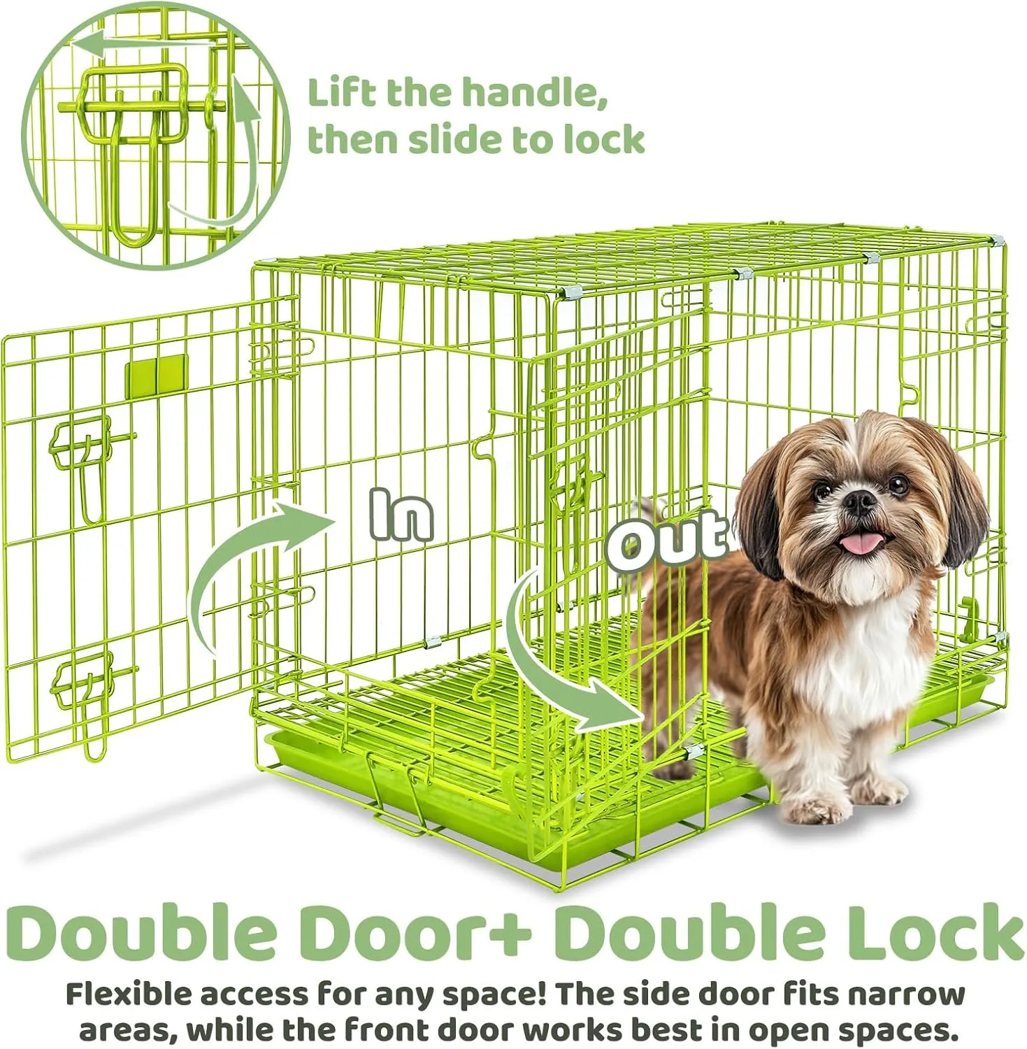 Green Dog Cage for Small Dogs, Collapsible 30 Inch Dog Crate, Metal Wire Dog Kennel Indoor/Outdoor with Removable Floor Grid Tray, Double Doors Dual Locks, Carrying Handle