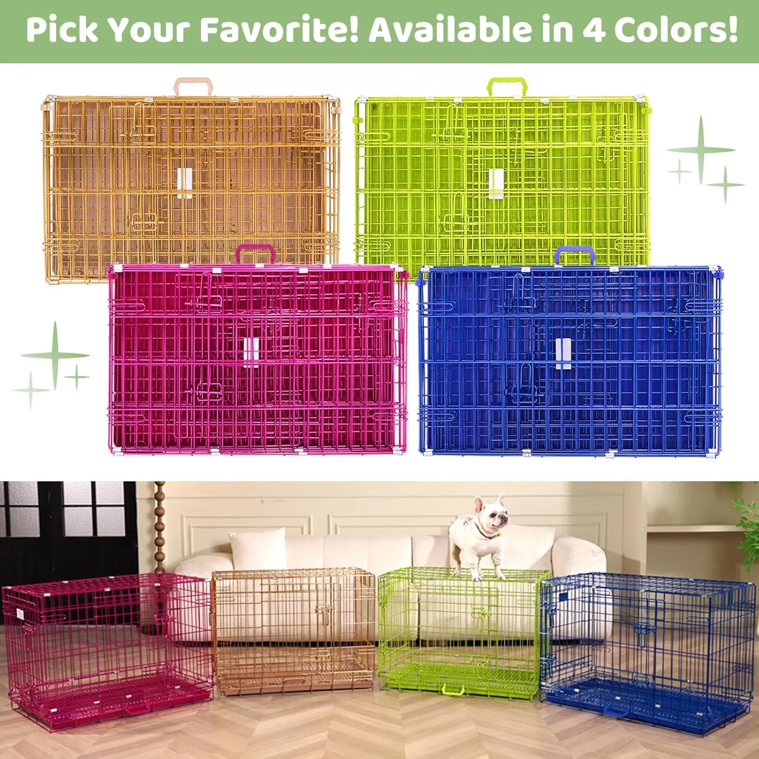 Green Dog Cage for Small Dogs, Collapsible 30 Inch Dog Crate, Metal Wire Dog Kennel Indoor/Outdoor with Removable Floor Grid Tray, Double Doors Dual Locks, Carrying Handle