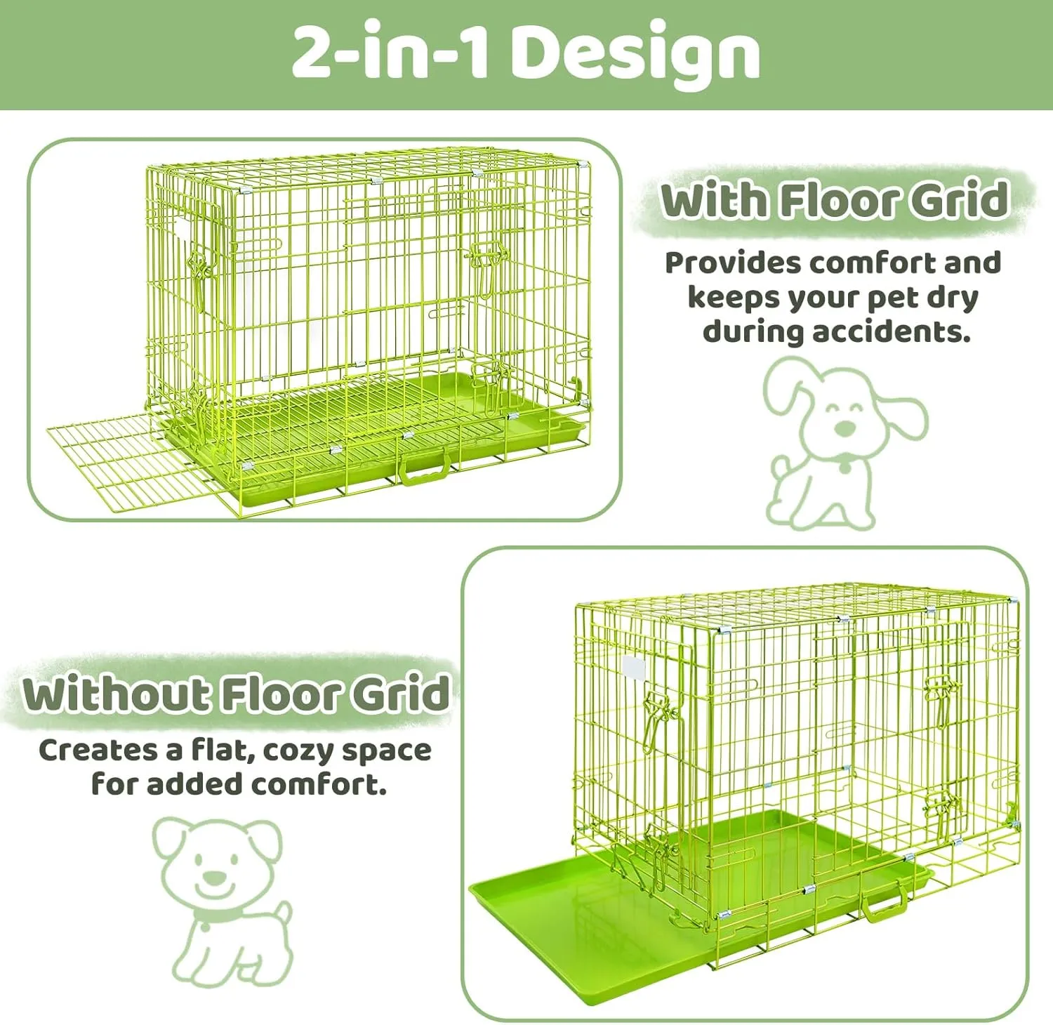 Green Dog Cage for Small Dogs, Collapsible 30 Inch Dog Crate, Metal Wire Dog Kennel Indoor/Outdoor with Removable Floor Grid Tray, Double Doors Dual Locks, Carrying Handle
