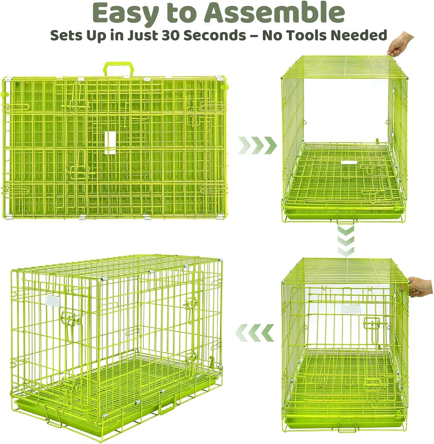 Green Dog Cage for Small Dogs, Collapsible 30 Inch Dog Crate, Metal Wire Dog Kennel Indoor/Outdoor with Removable Floor Grid Tray, Double Doors Dual Locks, Carrying Handle