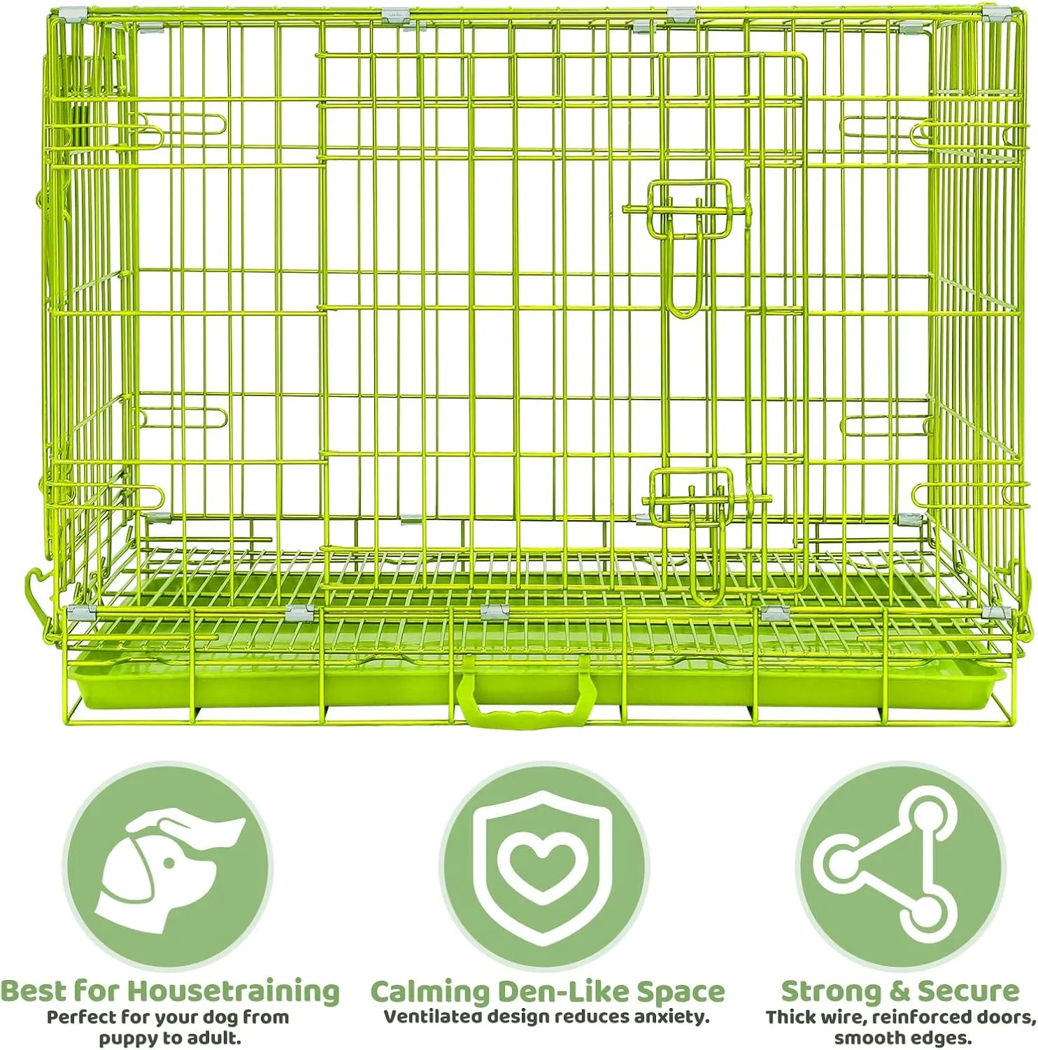 Green Dog Cage for Small Dogs, Collapsible 30 Inch Dog Crate, Metal Wire Dog Kennel Indoor/Outdoor with Removable Floor Grid Tray, Double Doors Dual Locks, Carrying Handle