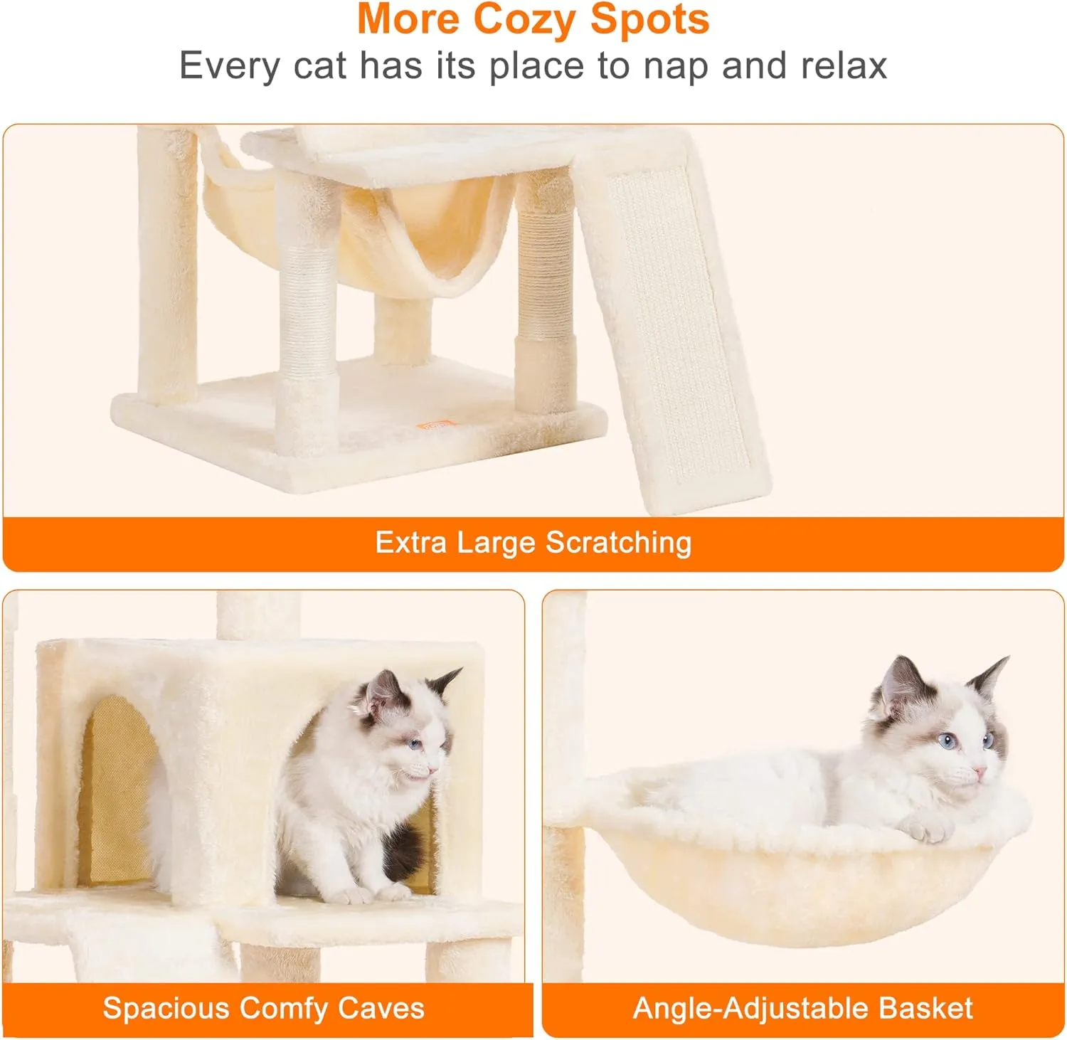 Heybly Cat Tree, Cat Tower for Indoor Cats,Multi-Level Cat Furniture Condo for Cats with Padded Plush Perch, Cozy Basket and Scratching Board Beige HCT014M