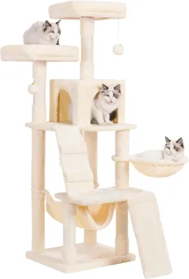 Heybly Cat Tree, Cat Tower for Indoor Cats,Multi-Level Cat Furniture Condo for Cats with Padded Plush Perch, Cozy Basket and Scratching Board Beige HCT014M