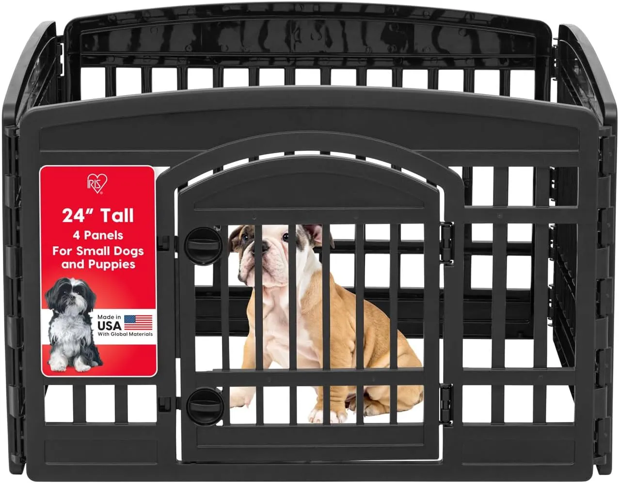 IRIS USA 24" Exercise 4-Panel Pet Playpen with Door, Dog Playpen For Puppy Small Dogs Keep Pets Secure Easy Assemble Easy Storing Customizable Non-Skid Rubber Feet, Black