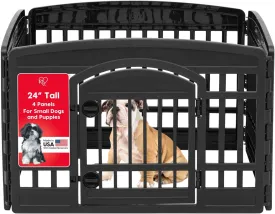 IRIS USA 24" Exercise 4-Panel Pet Playpen with Door, Dog Playpen For Puppy Small Dogs Keep Pets Secure Easy Assemble Easy Storing Customizable Non-Skid Rubber Feet, Black