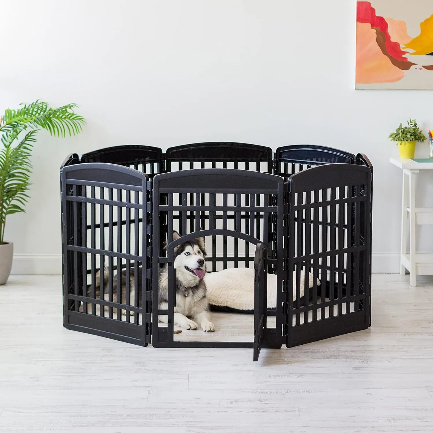 IRIS USA 34" 8-Panel Dog Playpen with Door, 63 x 63 x 35, Puppy Fence, Puppy Playpen, Dog Play Pen Indoors, Pet Fence, Medium Pets, Black