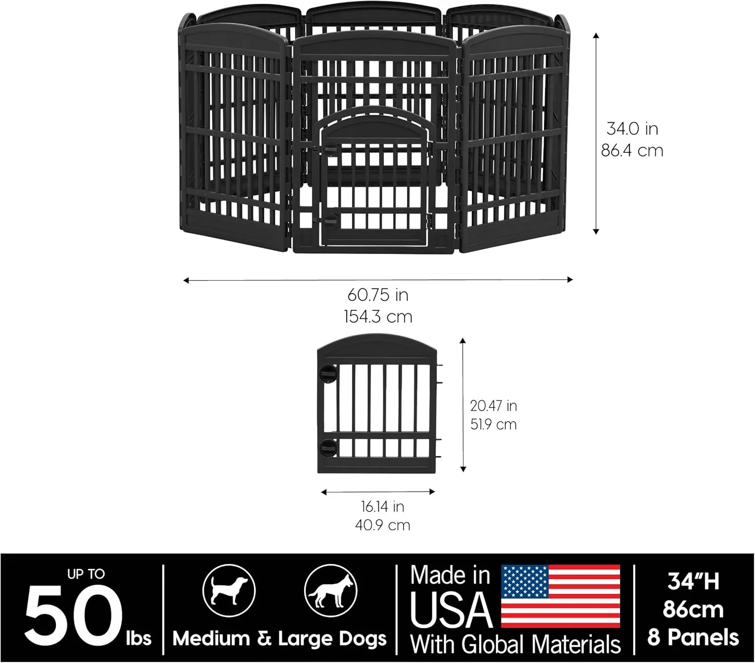 IRIS USA 34" 8-Panel Dog Playpen with Door, 63 x 63 x 35, Puppy Fence, Puppy Playpen, Dog Play Pen Indoors, Pet Fence, Medium Pets, Black