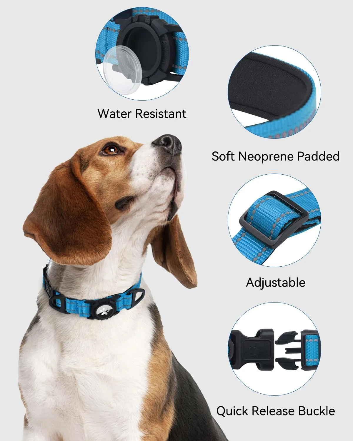Joytale Airtag Dog Collar, Reflective Pet Collar with Waterproof AirTag Holder, Dual D-Rings, Soft Padded Adjustable for Extra Large Dogs, SkyBlue, XL