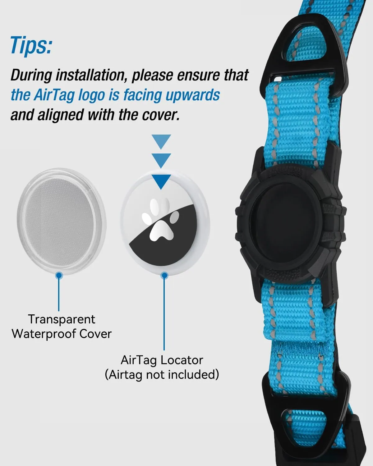 Joytale Airtag Dog Collar, Reflective Pet Collar with Waterproof AirTag Holder, Dual D-Rings, Soft Padded Adjustable for Extra Large Dogs, SkyBlue, XL