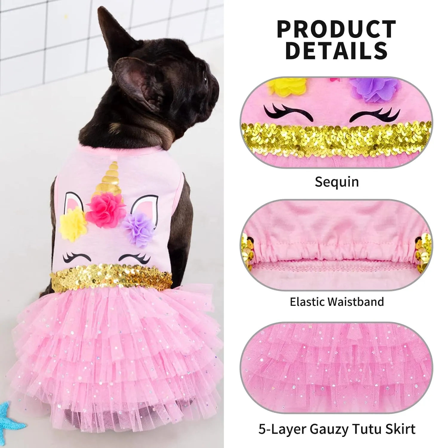 KYEESE Dog Dress Unicorn Tiered Layer Tutu Tulle Dogs Birthday Party Dresses with Sequins Dog Clothes X-Small