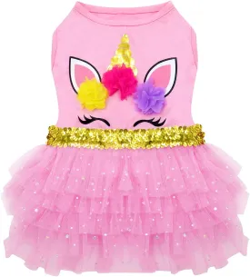 KYEESE Dog Dress Unicorn Tiered Layer Tutu Tulle Dogs Birthday Party Dresses with Sequins Dog Clothes X-Small