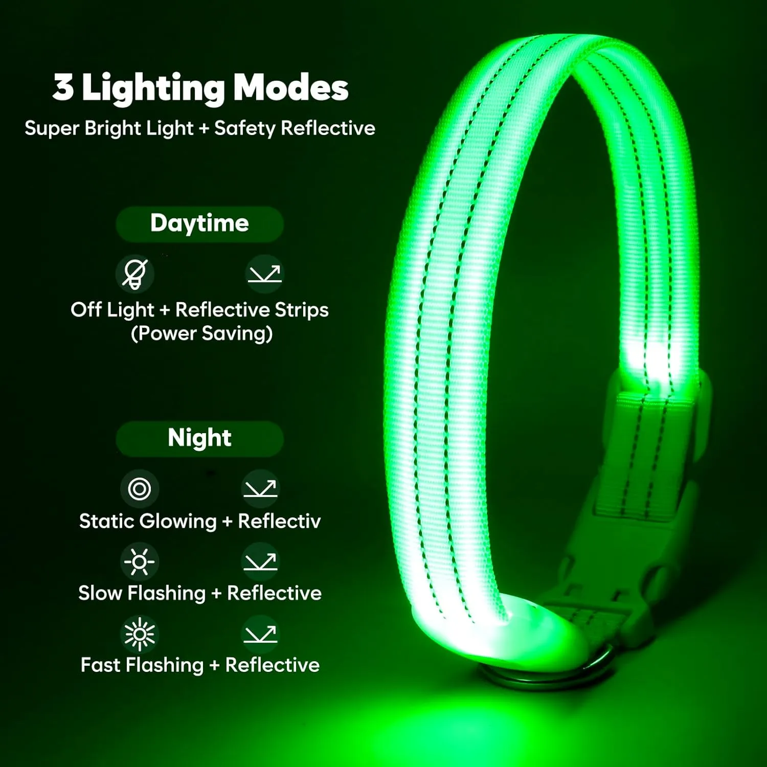 LED Dog Collar, Reflective Glow Collar for Night Safety, USB Rechargeable, Waterproof, Flashing (Green, Medium)