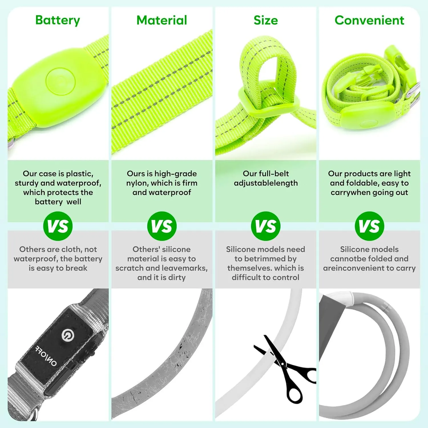 LED Dog Collar, Reflective Glow Collar for Night Safety, USB Rechargeable, Waterproof, Flashing (Green, Medium)