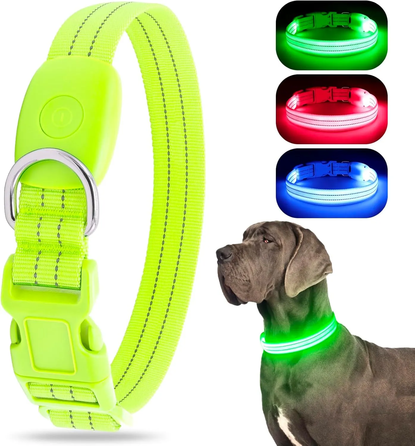 LED Dog Collar, Reflective Glow Collar for Night Safety, USB Rechargeable, Waterproof, Flashing (Green, Medium)