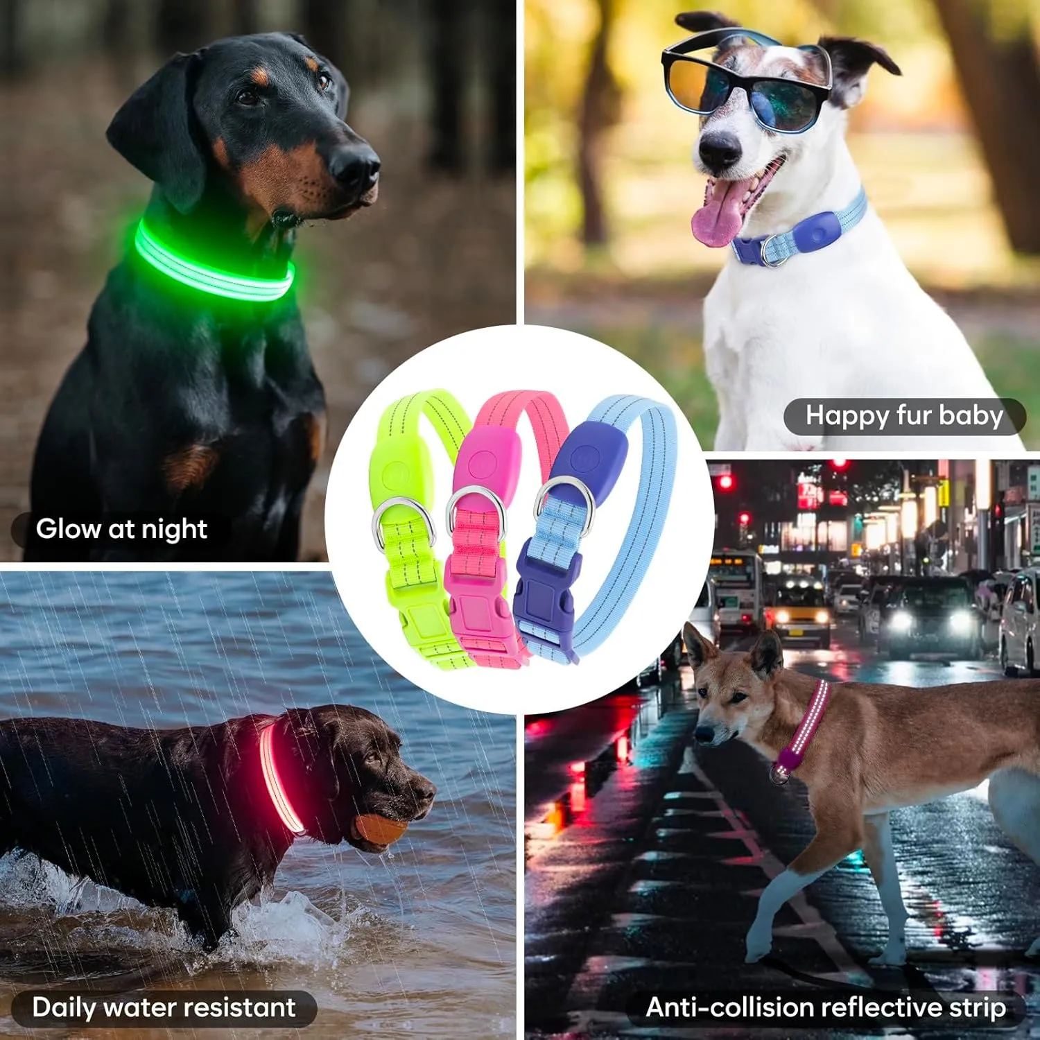 LED Dog Collar, Reflective Glow Collar for Night Safety, USB Rechargeable, Waterproof, Flashing (Green, Medium)