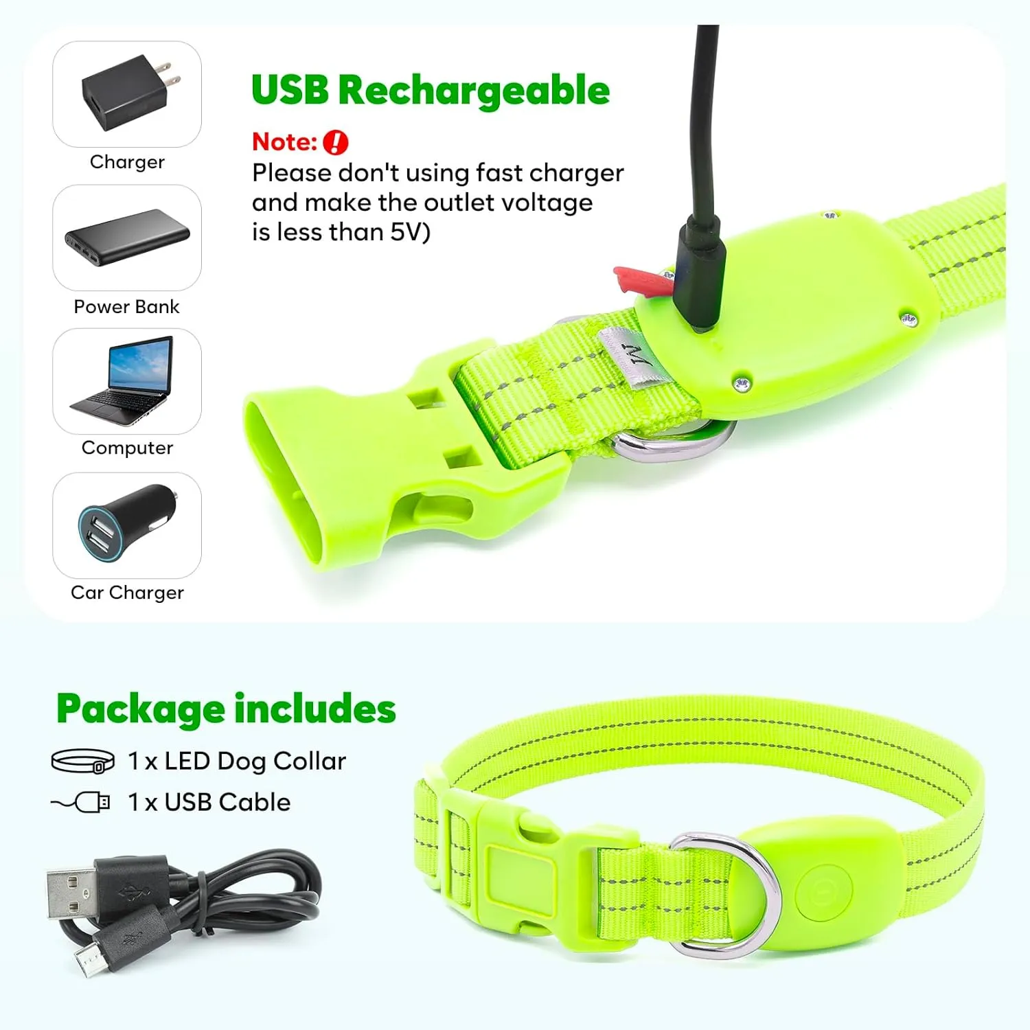 LED Dog Collar, Reflective Glow Collar for Night Safety, USB Rechargeable, Waterproof, Flashing (Green, Medium)