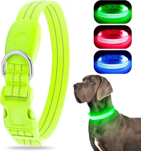 LED Dog Collar, Reflective Glow Collar for Night Safety, USB Rechargeable, Waterproof, Flashing (Green, Medium)