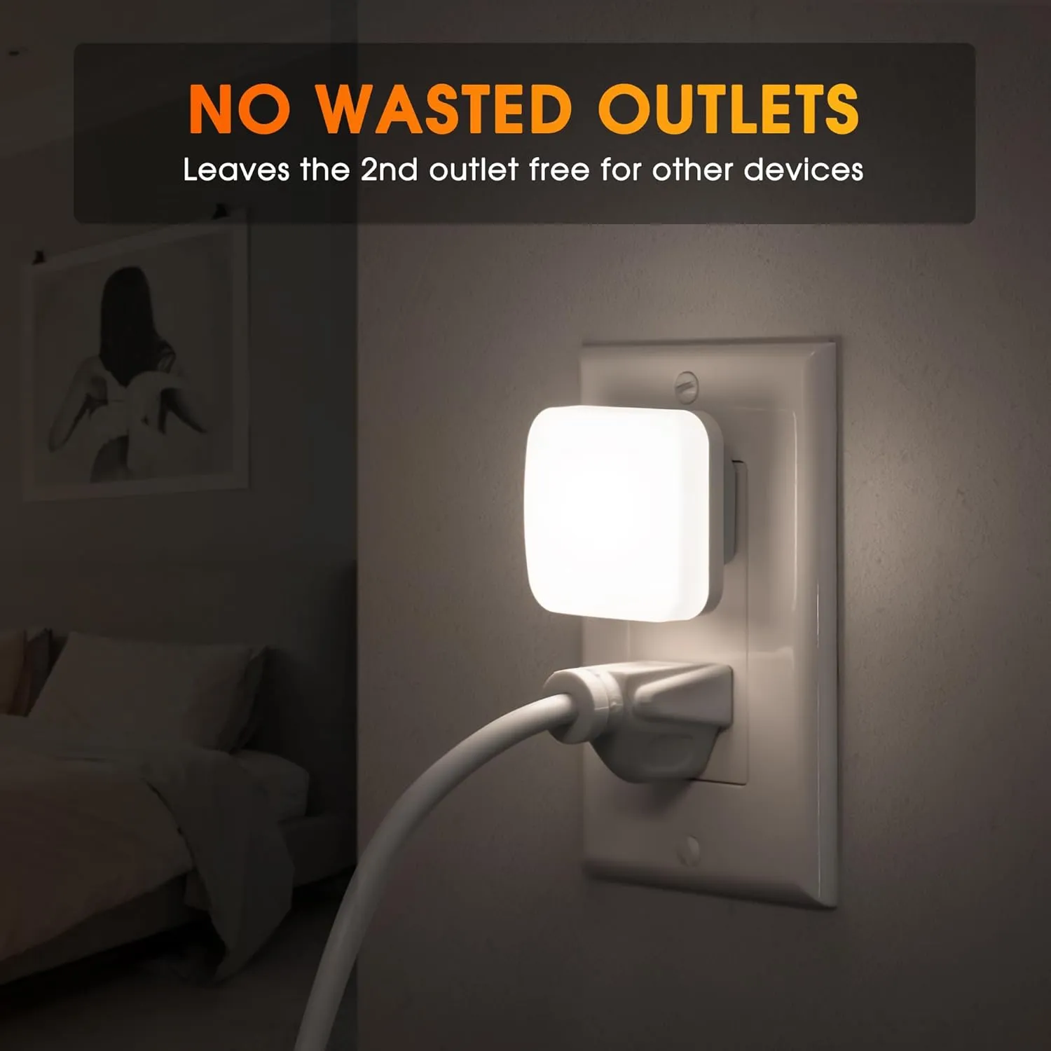 LED Night Lights Plug into Wall, Nightlights With Light Sensor Dusk to Dawn, 0.3W Square Plug in Night Light for Kids, 5000K Cool White Night Light for Bathroom Bedroom Kitchen, 2 Pack Night Lights