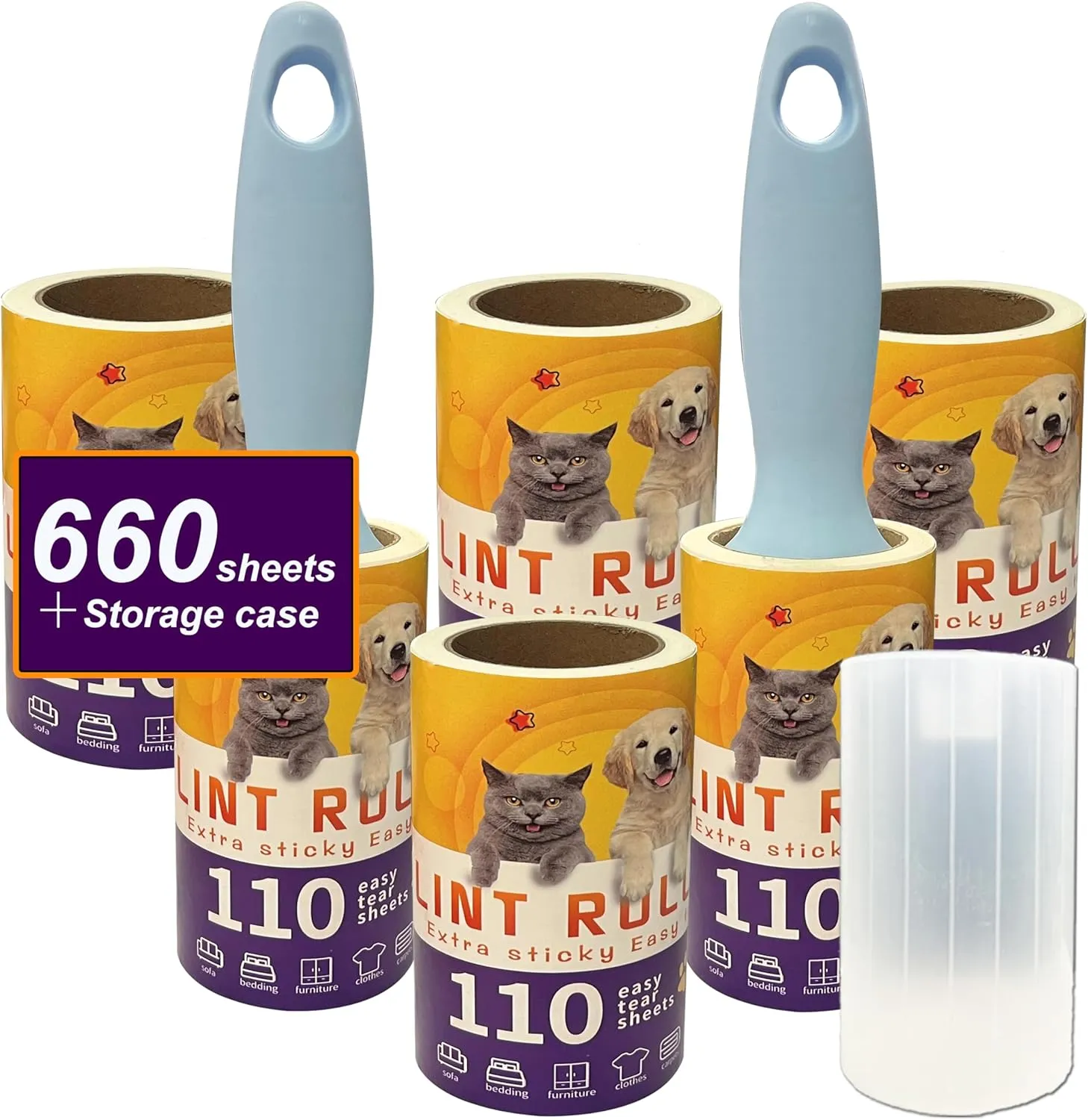 Lint Roller for Pet Hair Extra Sticky 660 Sheets Lint Rollers with 2 Upgraded Handles 1 Storage Box for Couch, Clothes Furniture and Carpet. Dog Hair Remover Cat Hair, Animal Fur (6 ROLL)