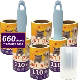 Lint Roller for Pet Hair Extra Sticky 660 Sheets Lint Rollers with 2 Upgraded Handles 1 Storage Box for Couch, Clothes Furniture and Carpet. Dog Hair Remover Cat Hair, Animal Fur (6 ROLL)
