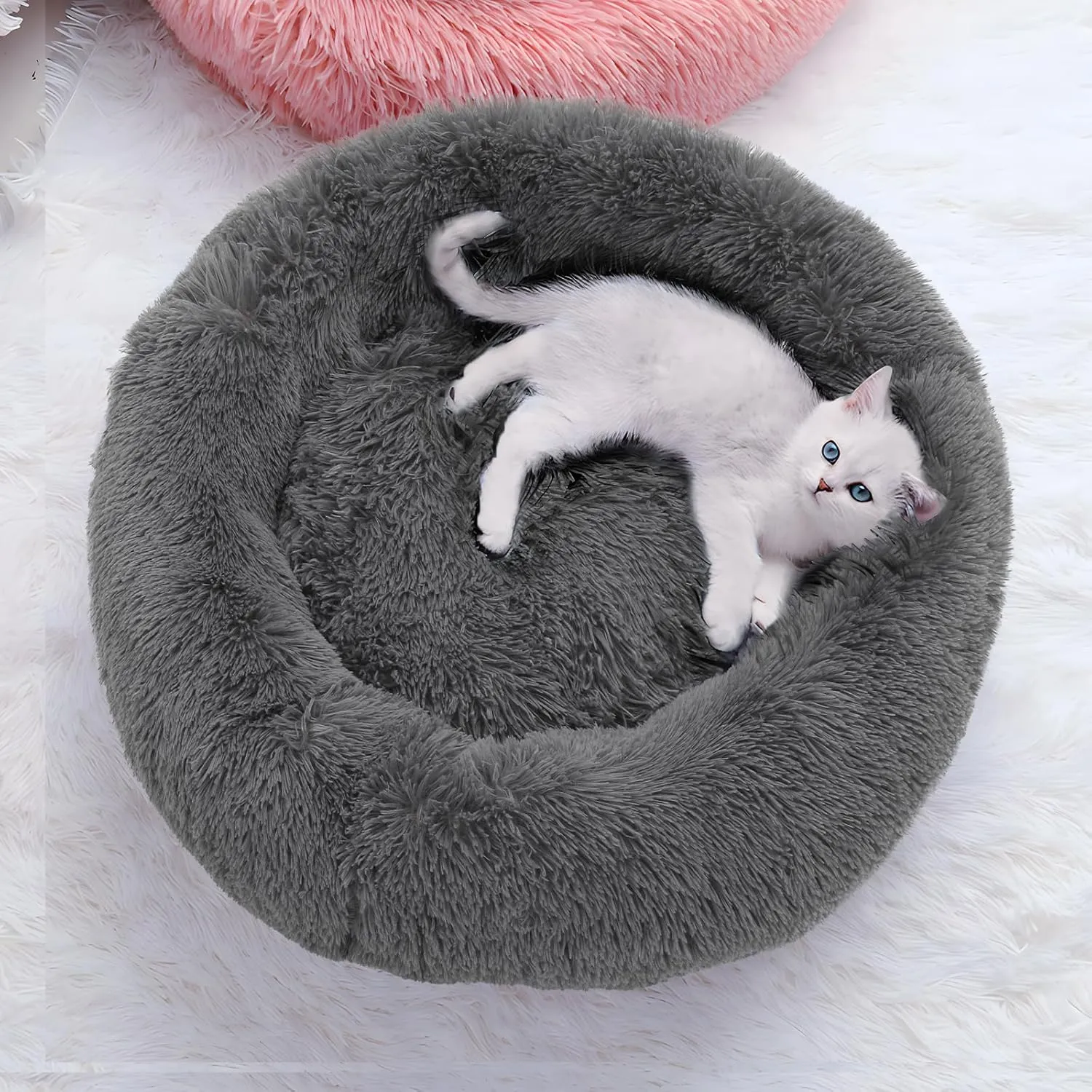 Magshion Long Plush Calming Dog Beds for Medium Dogs, Comfy Cuddler Donut Cat Beds for Indoor Cats, Machine Washable & Non-Slip Bottom, 31" Diameter Fits up to 40 lbs Pets, Dark Grey