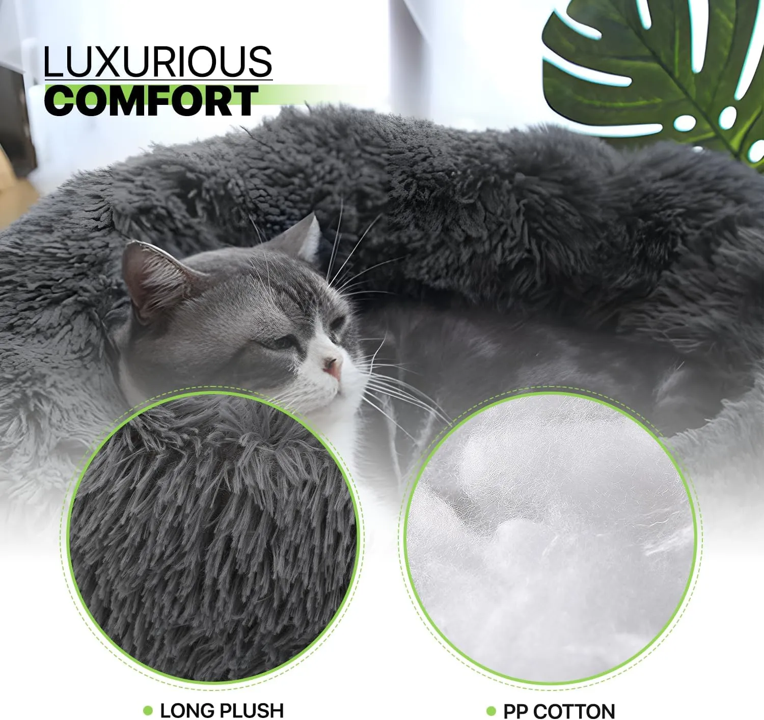 Magshion Long Plush Calming Dog Beds for Medium Dogs, Comfy Cuddler Donut Cat Beds for Indoor Cats, Machine Washable & Non-Slip Bottom, 31" Diameter Fits up to 40 lbs Pets, Dark Grey