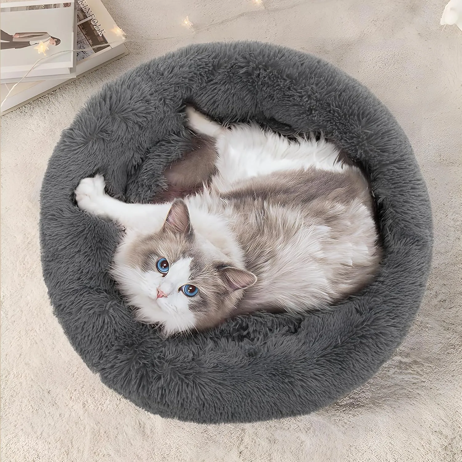 Magshion Long Plush Calming Dog Beds for Medium Dogs, Comfy Cuddler Donut Cat Beds for Indoor Cats, Machine Washable & Non-Slip Bottom, 31" Diameter Fits up to 40 lbs Pets, Dark Grey