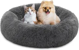 Magshion Long Plush Calming Dog Beds for Medium Dogs, Comfy Cuddler Donut Cat Beds for Indoor Cats, Machine Washable & Non-Slip Bottom, 31" Diameter Fits up to 40 lbs Pets, Dark Grey