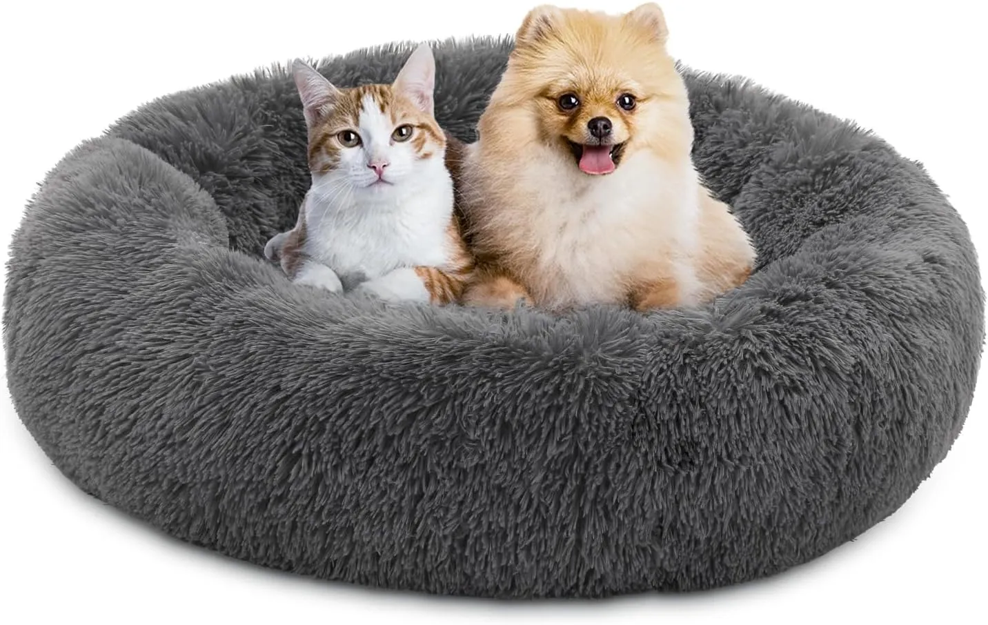 Magshion Long Plush Calming Dog Beds for Medium Dogs, Comfy Cuddler Donut Cat Beds for Indoor Cats, Machine Washable & Non-Slip Bottom, 31" Diameter Fits up to 40 lbs Pets, Dark Grey