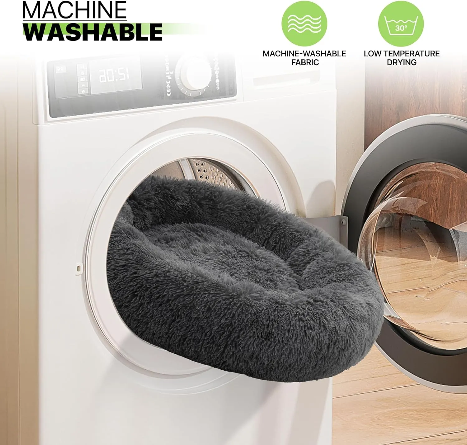 Magshion Long Plush Calming Dog Beds for Medium Dogs, Comfy Cuddler Donut Cat Beds for Indoor Cats, Machine Washable & Non-Slip Bottom, 31" Diameter Fits up to 40 lbs Pets, Dark Grey