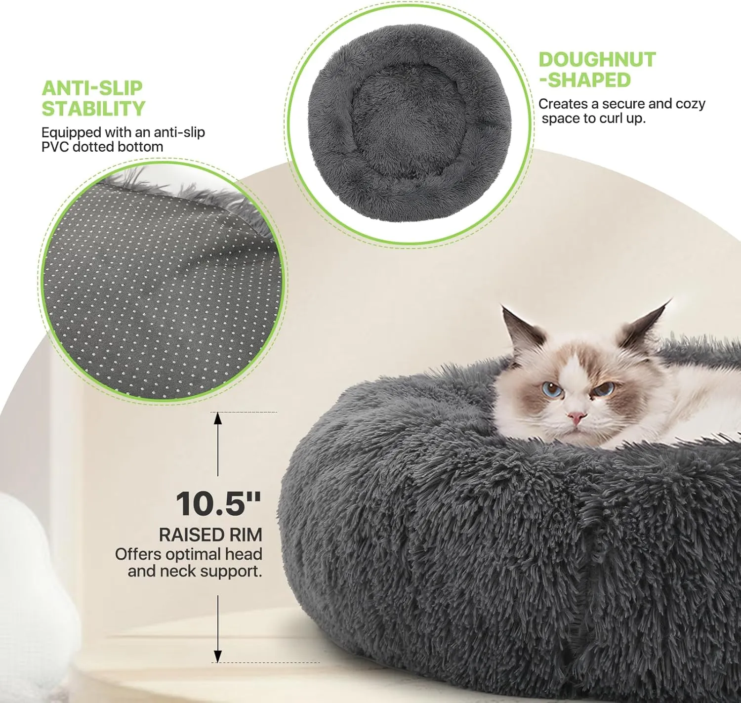 Magshion Long Plush Calming Dog Beds for Medium Dogs, Comfy Cuddler Donut Cat Beds for Indoor Cats, Machine Washable & Non-Slip Bottom, 31" Diameter Fits up to 40 lbs Pets, Dark Grey
