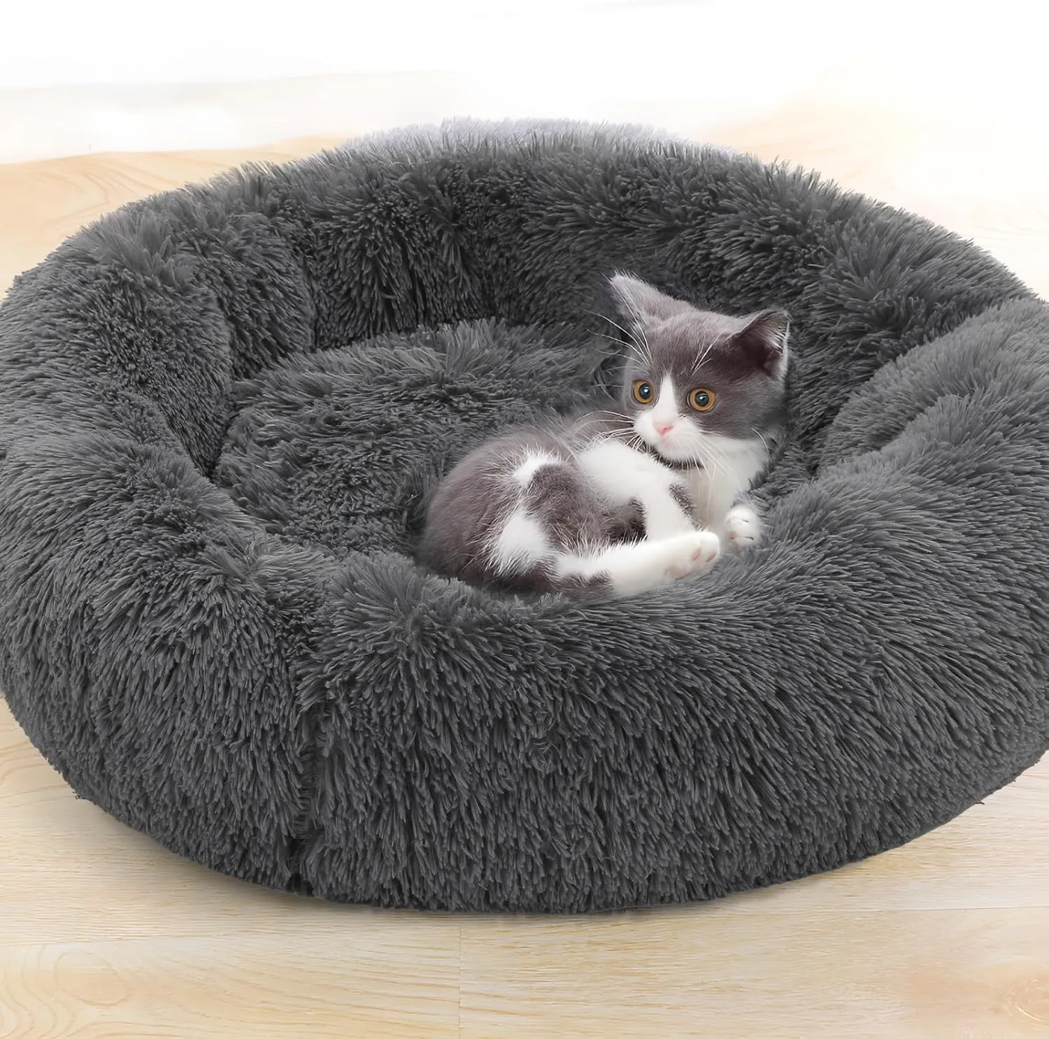 Magshion Long Plush Calming Dog Beds for Medium Dogs, Comfy Cuddler Donut Cat Beds for Indoor Cats, Machine Washable & Non-Slip Bottom, 31" Diameter Fits up to 40 lbs Pets, Dark Grey
