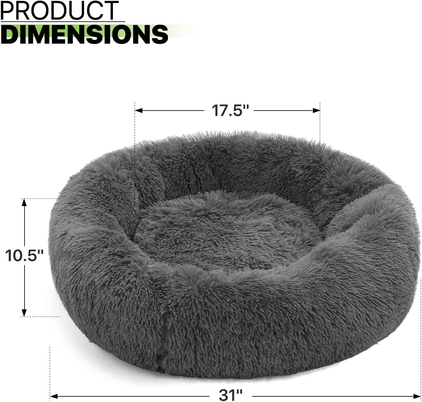 Magshion Long Plush Calming Dog Beds for Medium Dogs, Comfy Cuddler Donut Cat Beds for Indoor Cats, Machine Washable & Non-Slip Bottom, 31" Diameter Fits up to 40 lbs Pets, Dark Grey