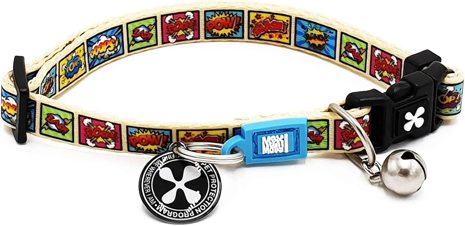 Max & Molly Fun & Whimsy Cat Collar with Jingle Bell, Breakaway Safety Buckle, Adjustable Sizing & Smart ID Personalized Tag for Girl or Boy Cats/Kittens, Comic Design