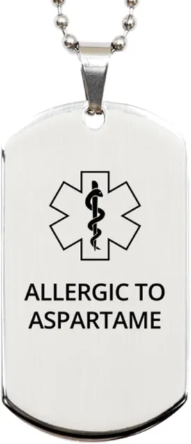 Medical Alert Silver Dog Tag, Allergic to Aspartame Awareness, SOS Emergency Health Life Alert ID Engraved Stainless Steel Chain Necklace For Men Women Kids