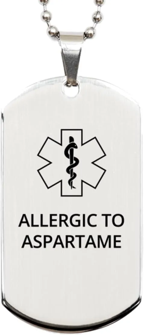 Medical Alert Silver Dog Tag, Allergic to Aspartame Awareness, SOS Emergency Health Life Alert ID Engraved Stainless Steel Chain Necklace For Men Women Kids