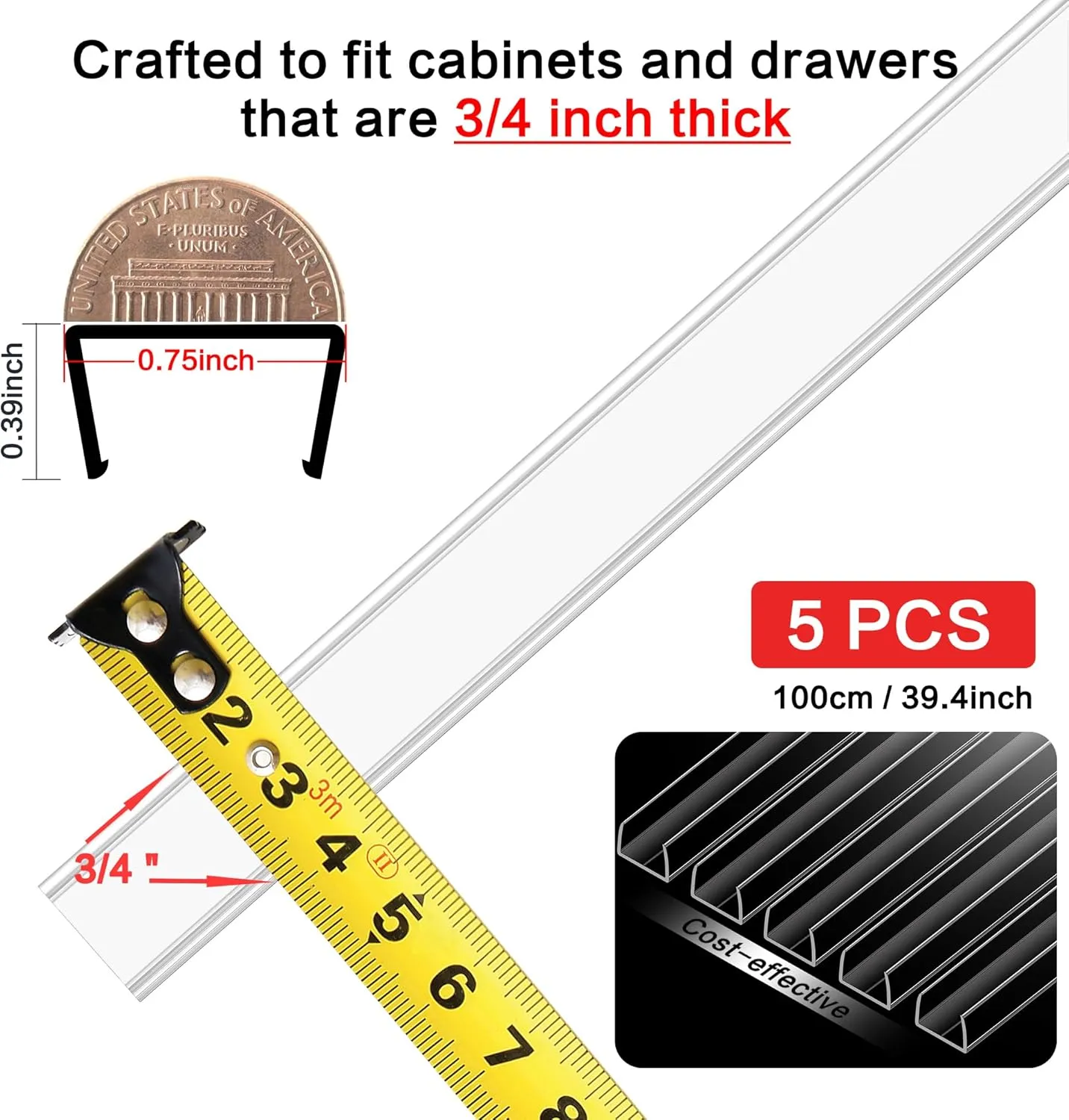 MONOID Drawer Edge Protector, Slip-On Clear Table Corners Guards, Door Kitchen Furniture Bumper, Prevent Wear, Impact Protection, Ease to Cut, 3/4" Thick, 39.4" Length  Clear, Pack of 5