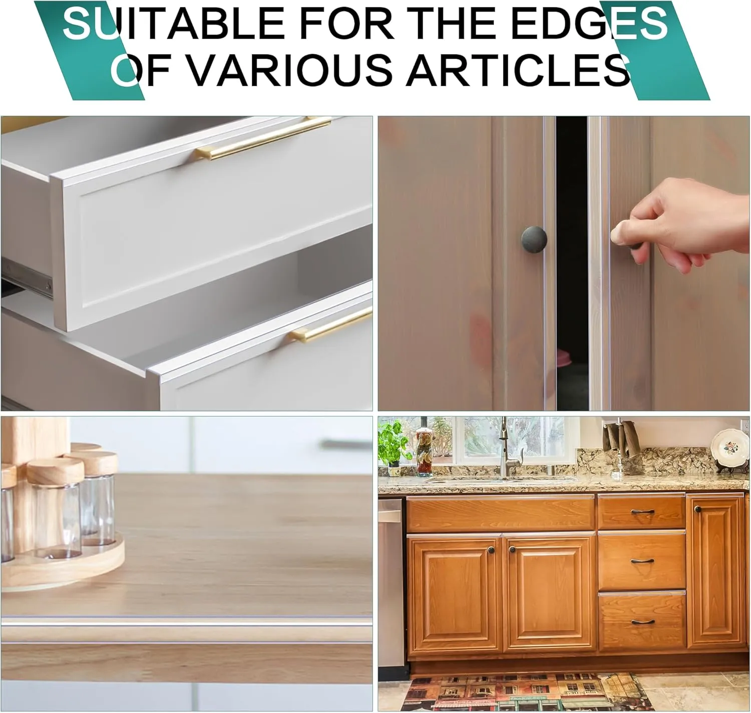 MONOID Drawer Edge Protector, Slip-On Clear Table Corners Guards, Door Kitchen Furniture Bumper, Prevent Wear, Impact Protection, Ease to Cut, 3/4" Thick, 39.4" Length  Clear, Pack of 5