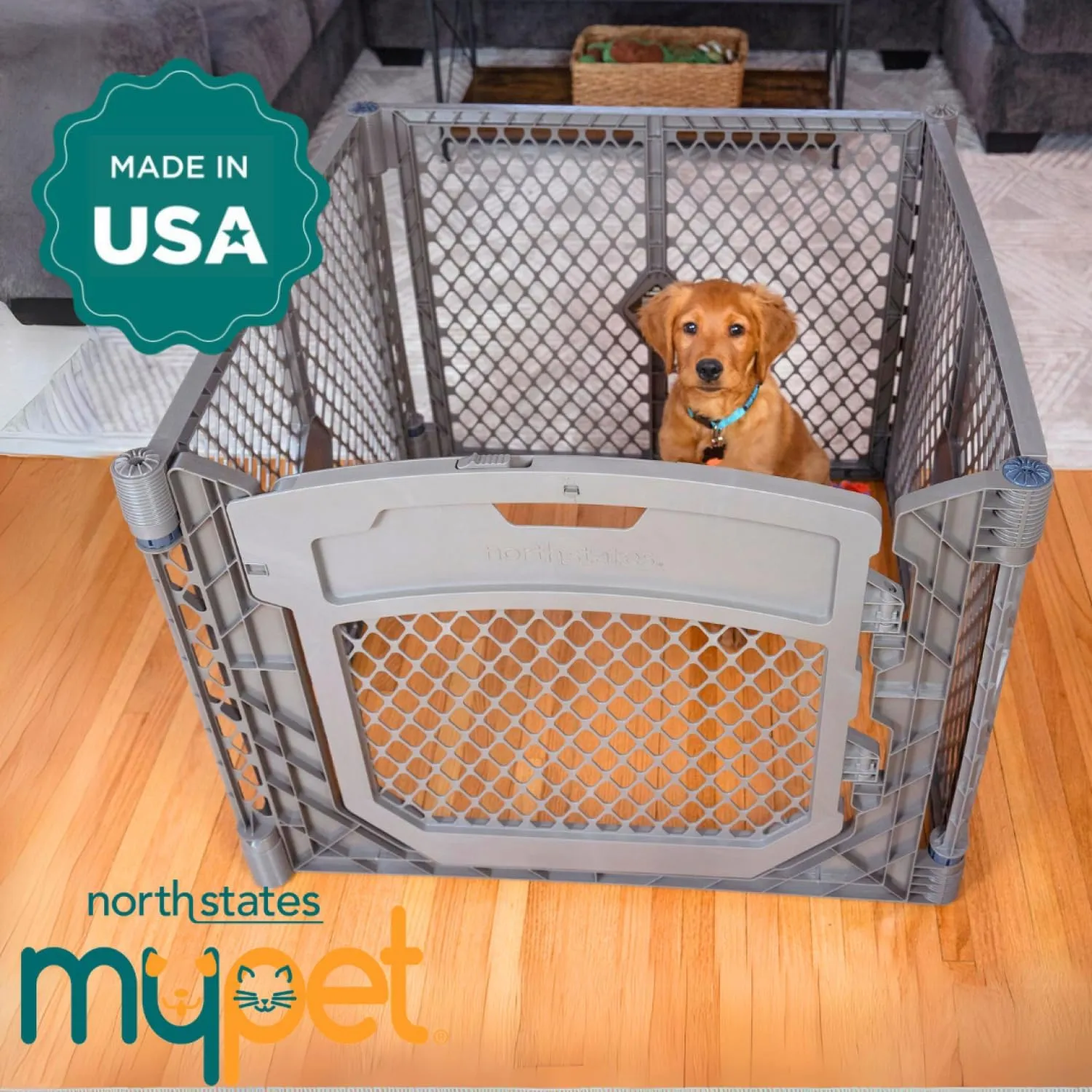 MyPet North States Petyard Plus: 3 Ft. Wide Folding Dog Playpen Indoor or Outdoor. 4-Panel Freestanding Play Pen Dog Gate Made in USA. 26" Tall, Fieldstone