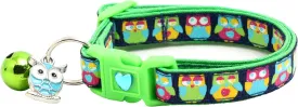 Owl Cat Collar with Bell | Safety Breakaway Collar | Adjustable Large Size or Kitten Collar (Navy/Green, Large(10lbs & Up))