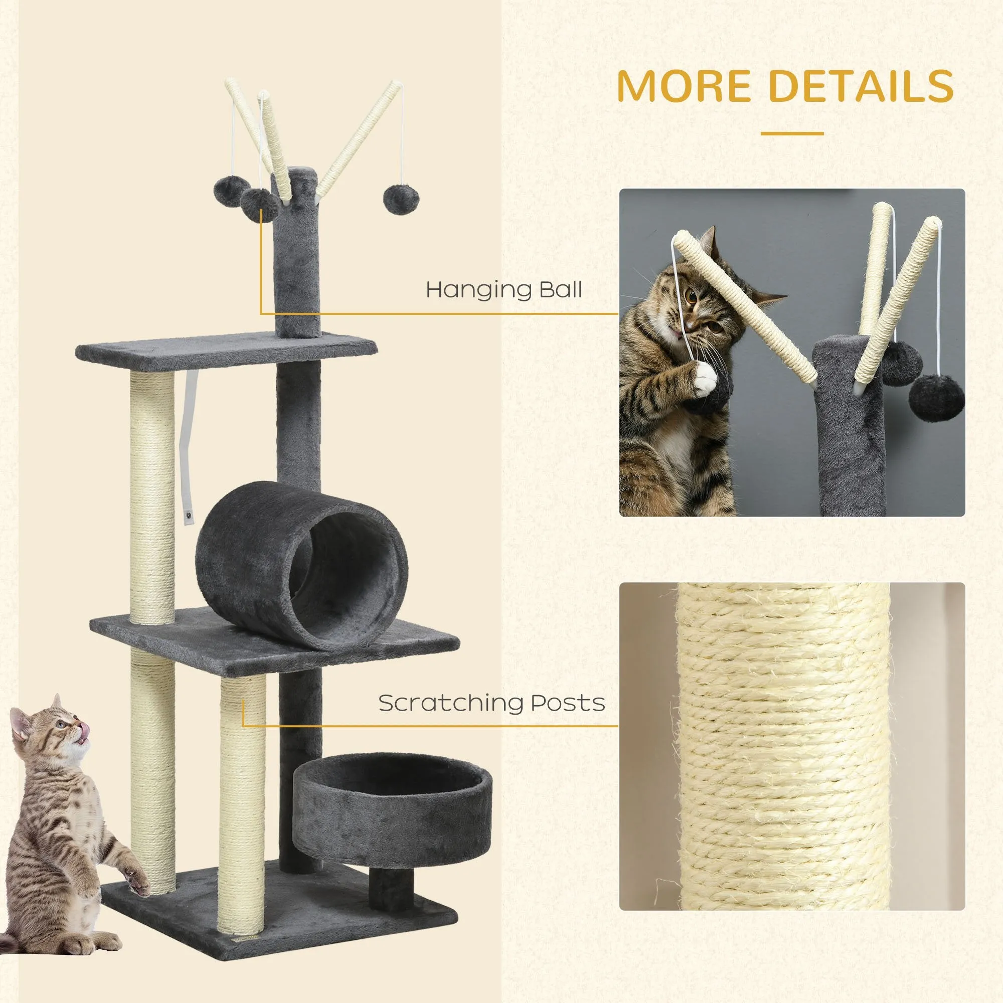 PawHut 121cm Cat Tree Tower w/Sisal Scratching Posts Bed Tunnel Perch Grey