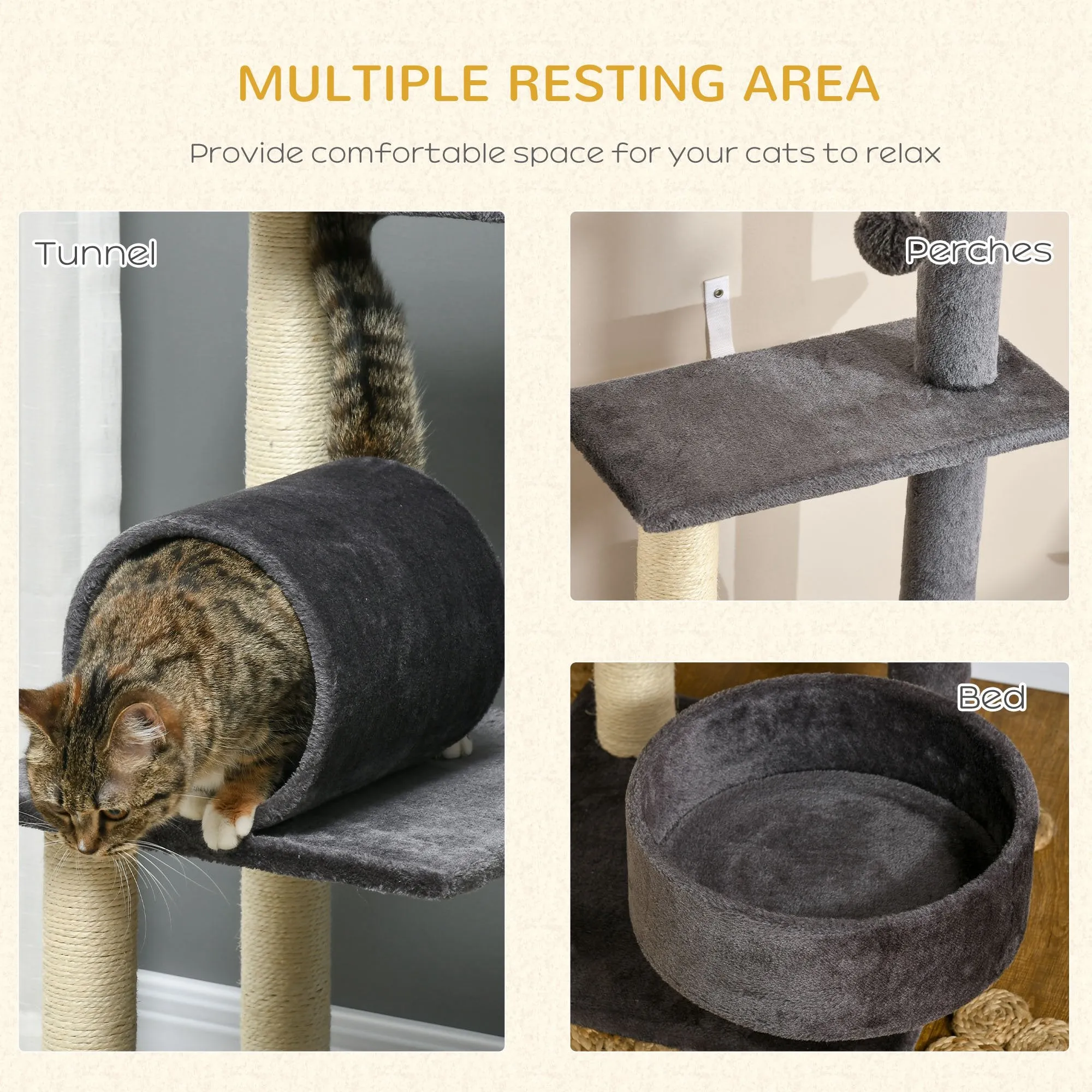 PawHut 121cm Cat Tree Tower w/Sisal Scratching Posts Bed Tunnel Perch Grey