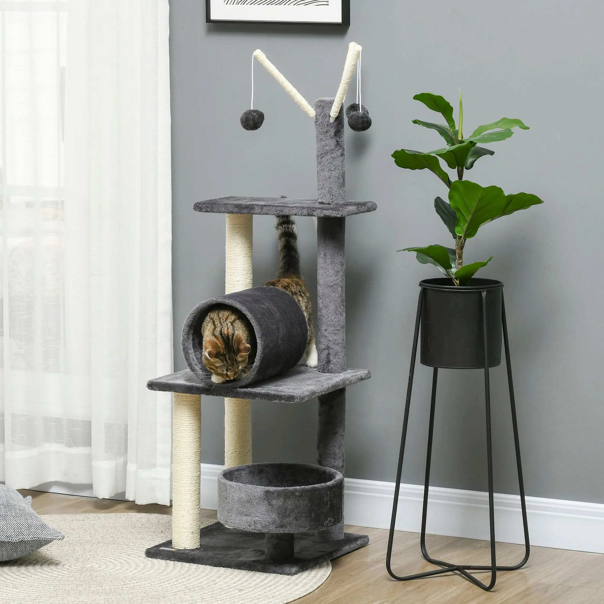 PawHut 121cm Cat Tree Tower w/Sisal Scratching Posts Bed Tunnel Perch Grey