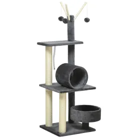PawHut 121cm Cat Tree Tower w/Sisal Scratching Posts Bed Tunnel Perch Grey
