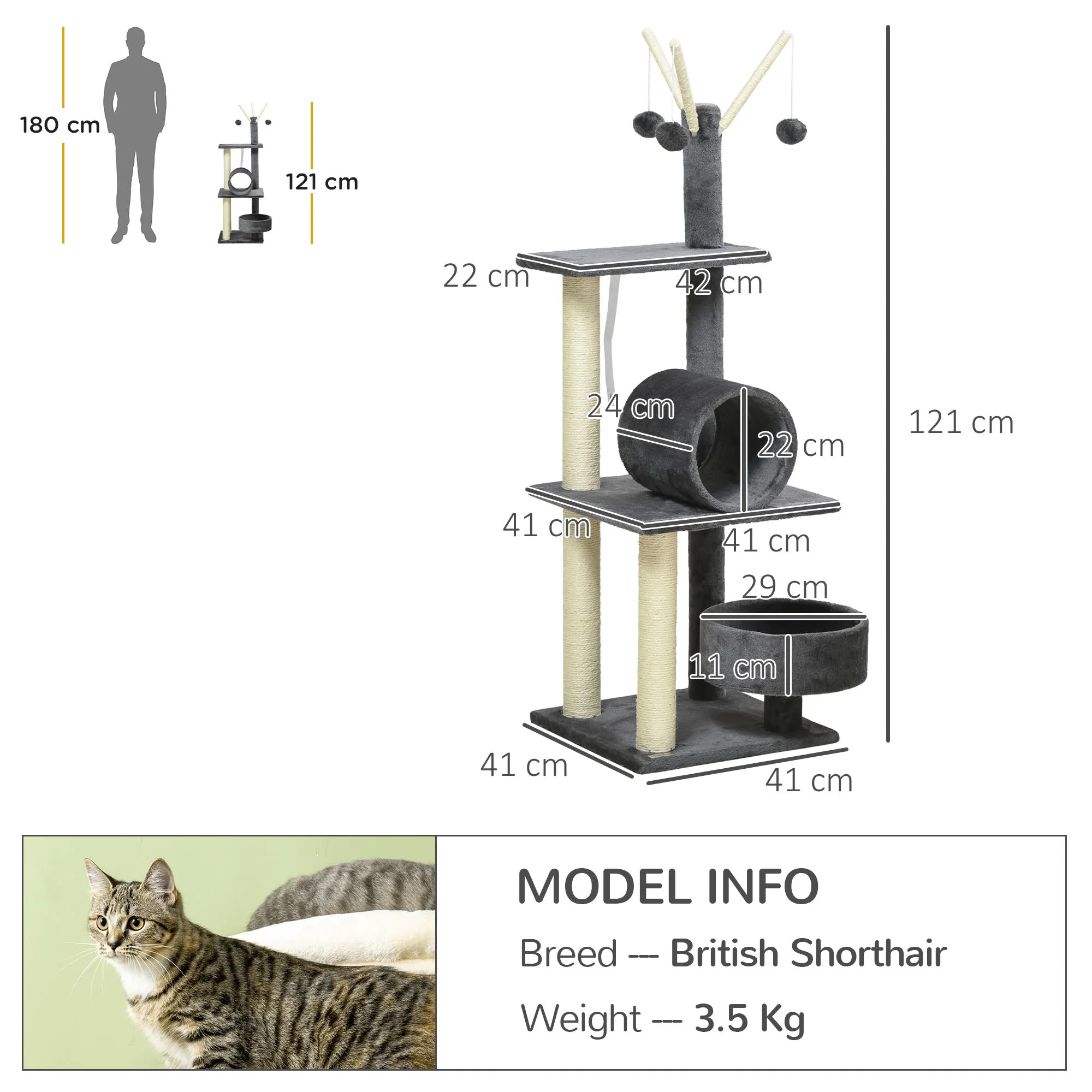 PawHut 121cm Cat Tree Tower w/Sisal Scratching Posts Bed Tunnel Perch Grey