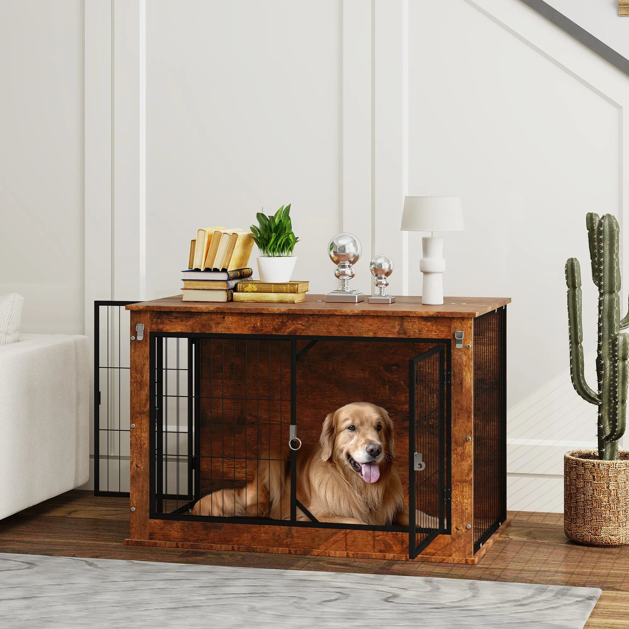 PawHut Dog Crate Furniture with Flip-up Top, 2 Doors, for Large Dogs, 98 x 60 x 65.5cm, Rustic Brown